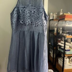 Blue and White Sleeveless Halter Midi Dress
